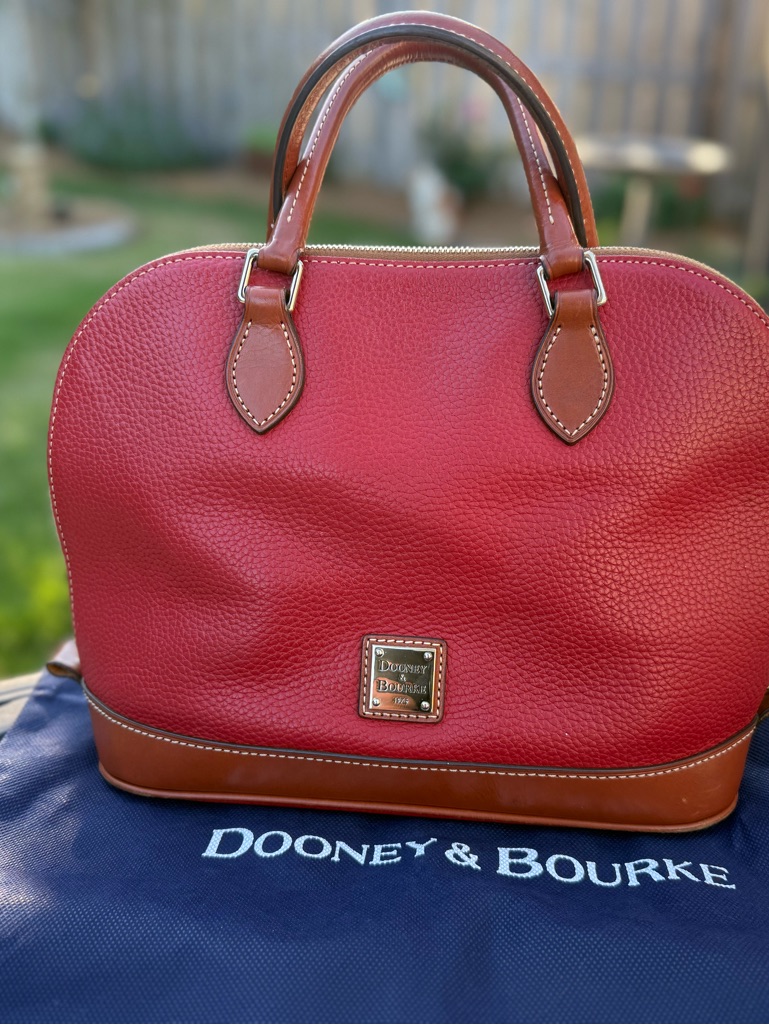 Dooney & Bourke Red Pebble Grain Zip Satchel With Brown Trim